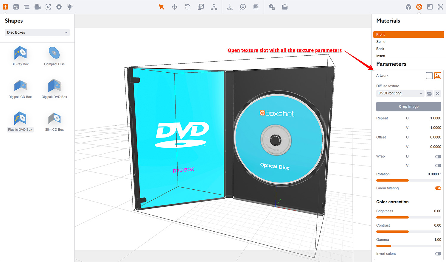 Open texture slot in materials editor in Boxshot