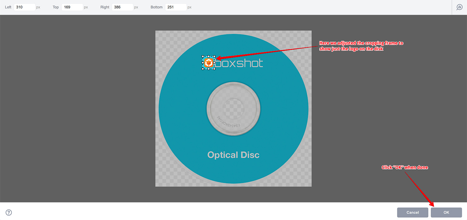 Cropping images in Boxshot: adjusting the cropping frame