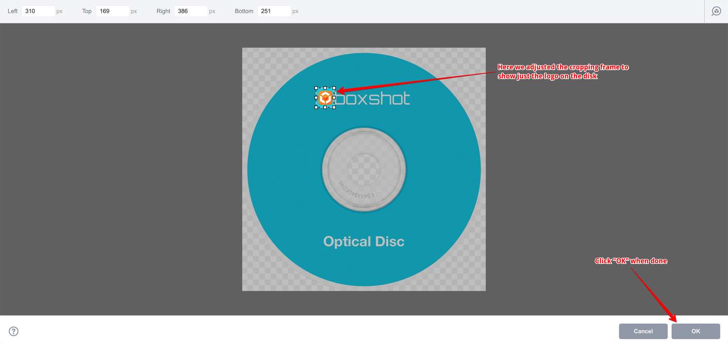 Cropping images in Boxshot: adjusting the cropping frame