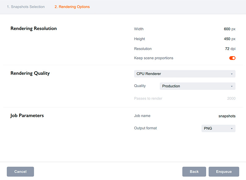 Batch snapshot rendering parameters in Boxshot