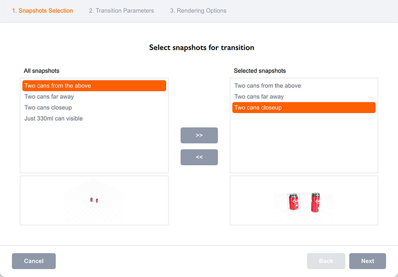 Selecting snapshots for transition animation