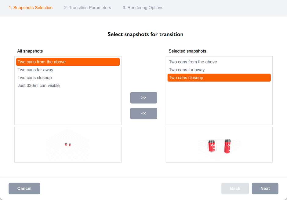 Selecting snapshots for transition animation