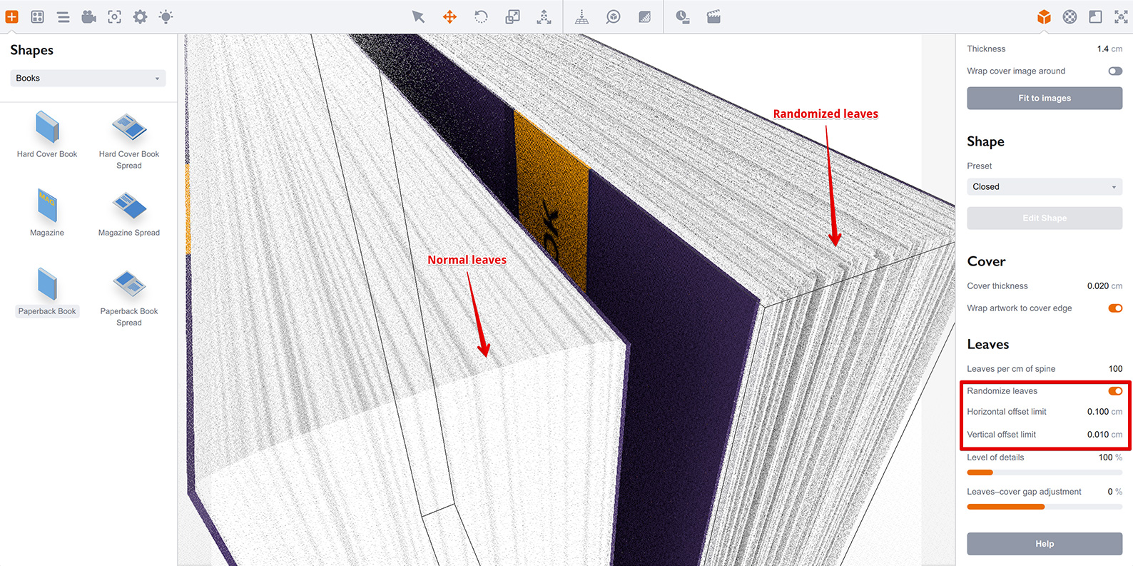 Randomized leaves in Boxshot books