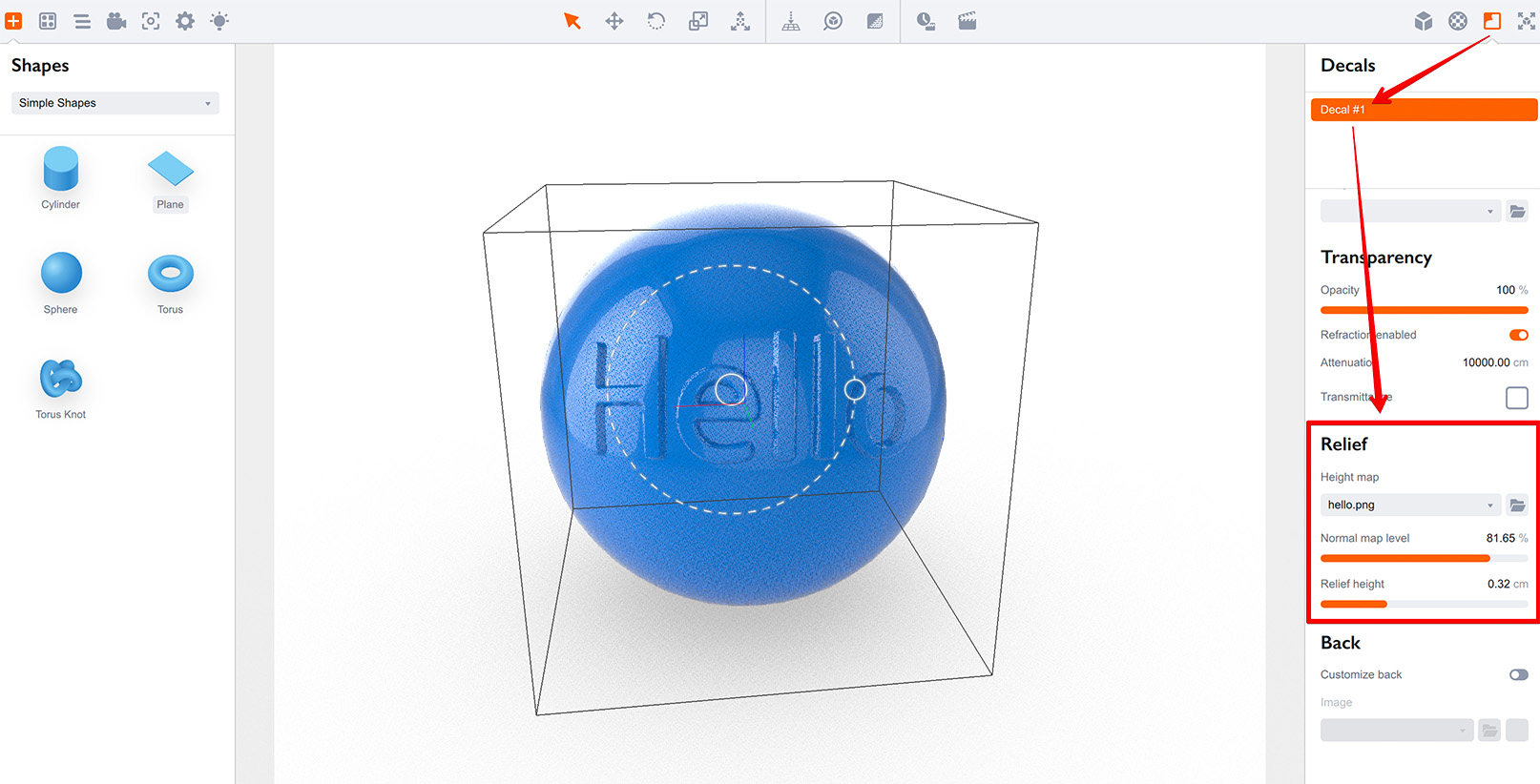 Adjusting bump properties of the decal