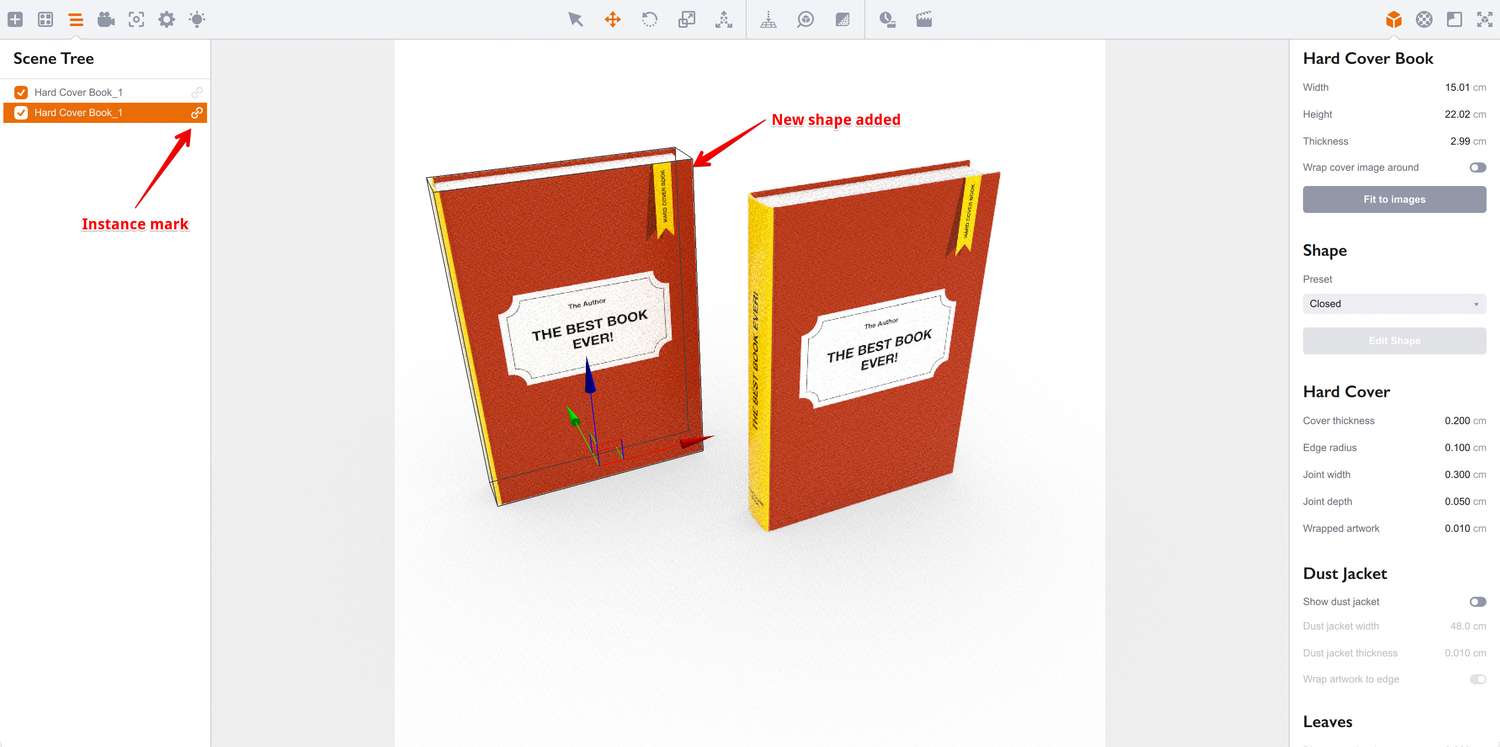 Hard cover book instance added to the scene