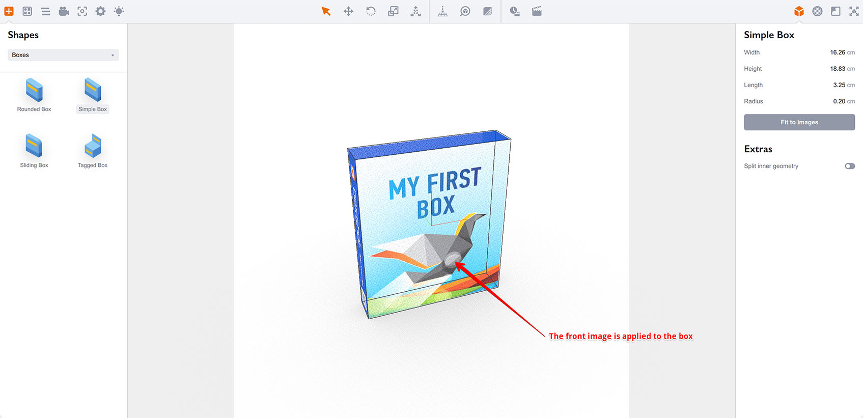Front artwork image is applied to the 3d box shape