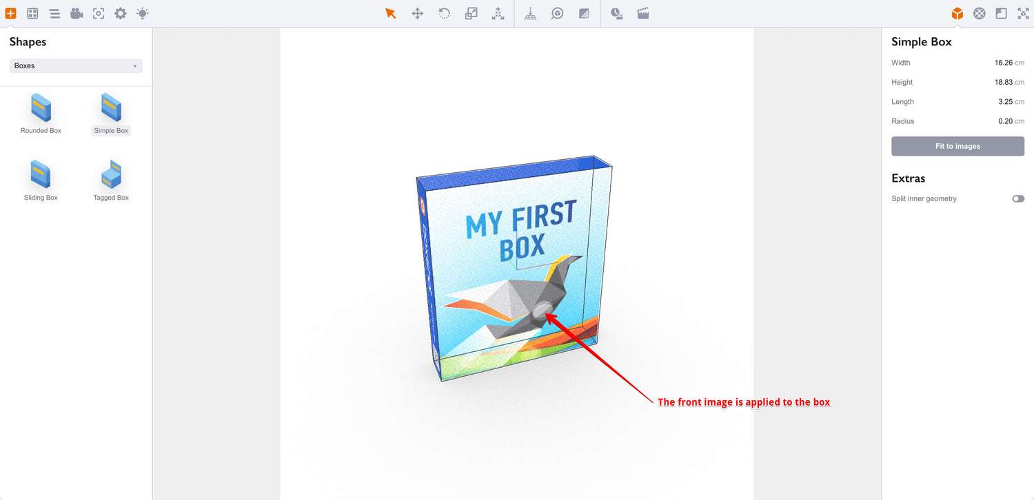 Front artwork image is applied to the 3d box shape