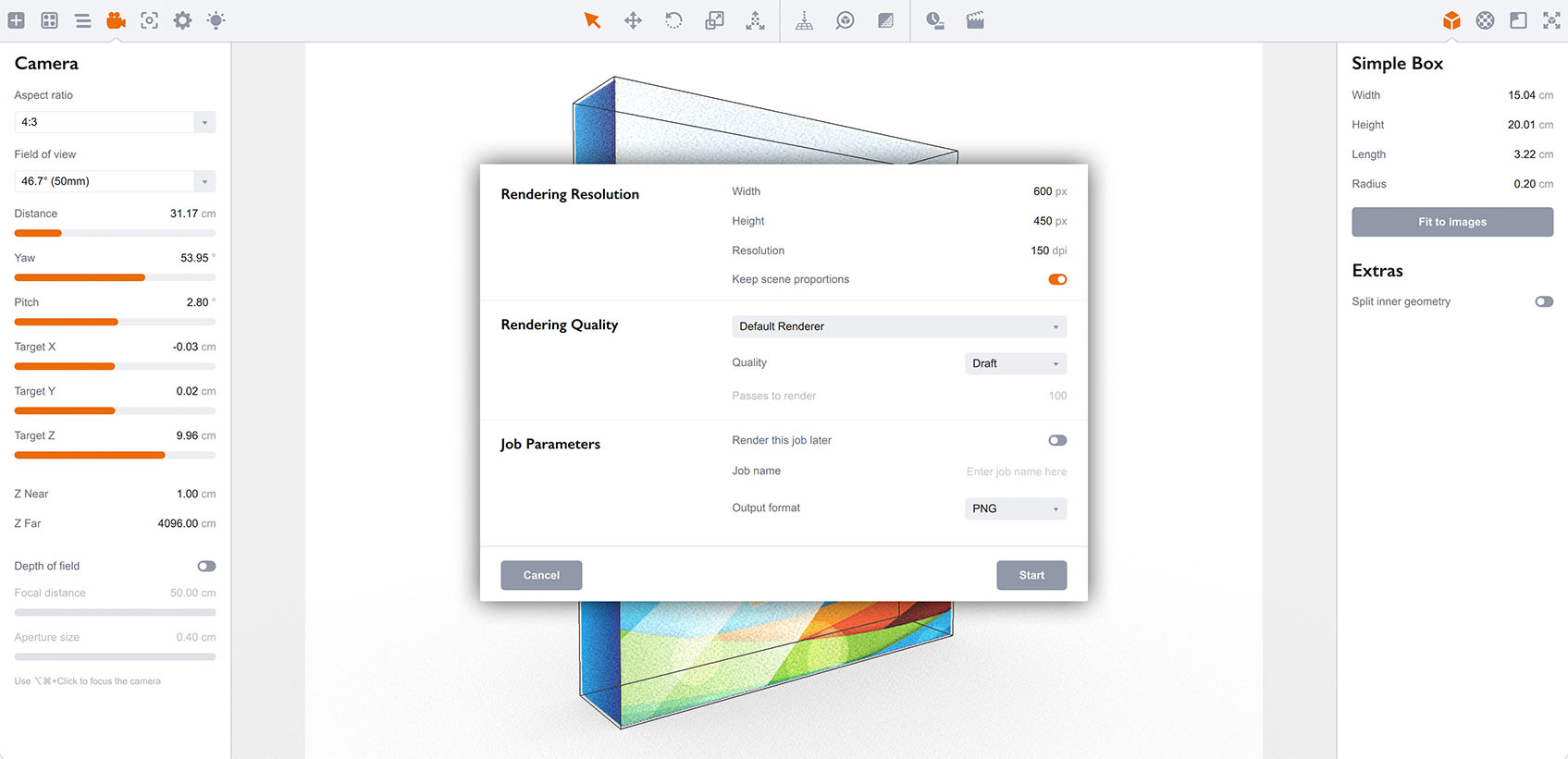 Configuring rendering parameters in Boxshot