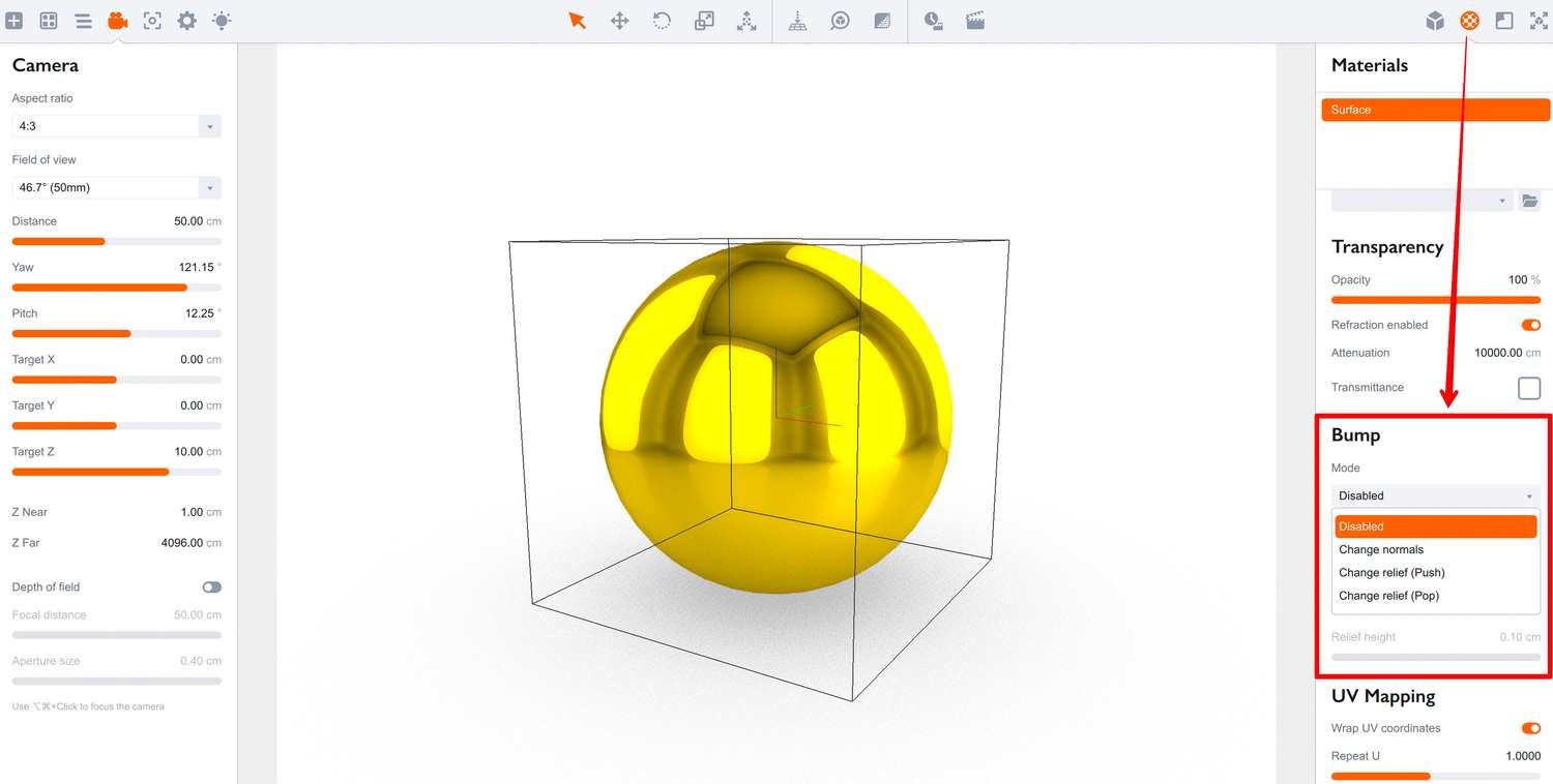 Selecting bump mode in Boxshot