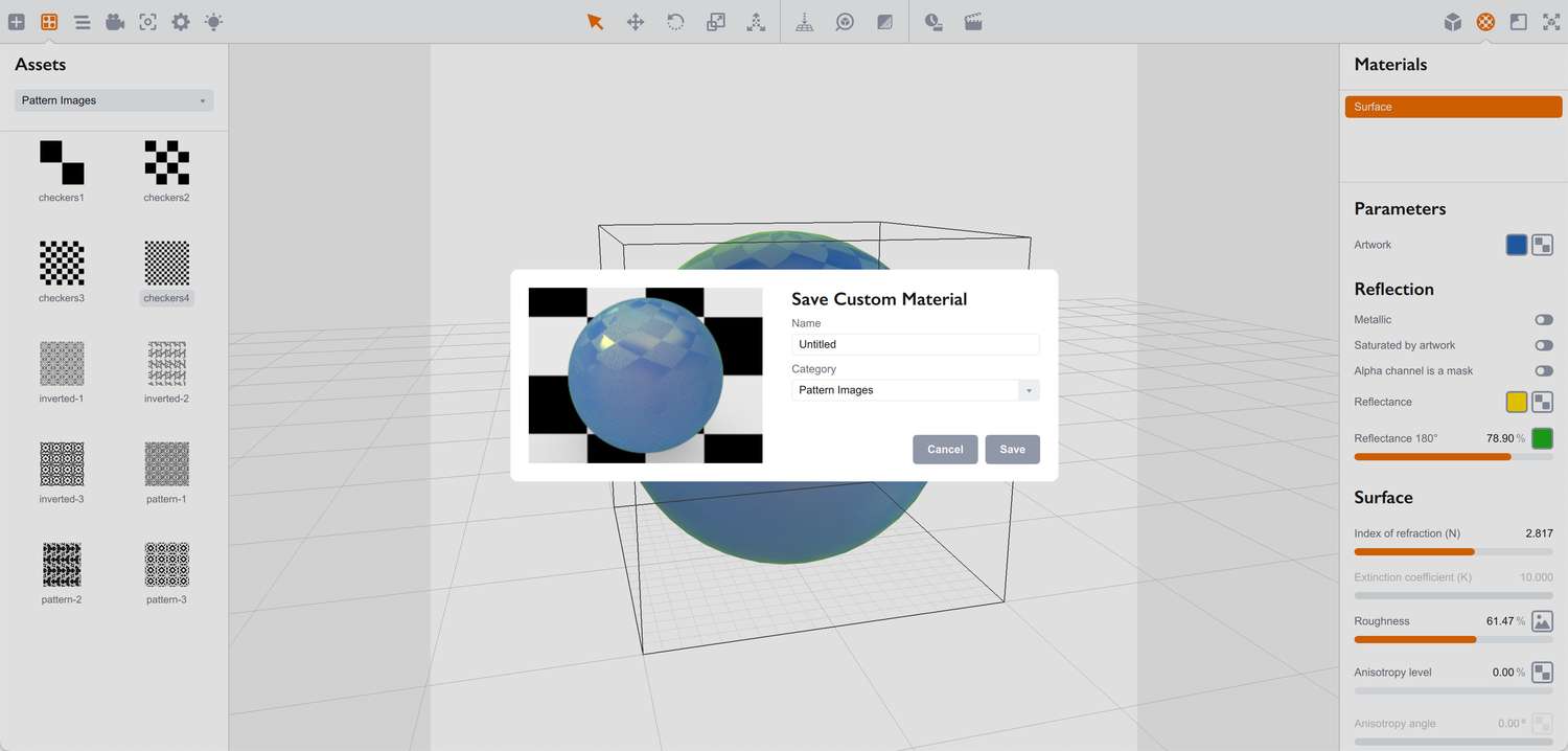 Saving custom material to the Assets panel in Boxshot