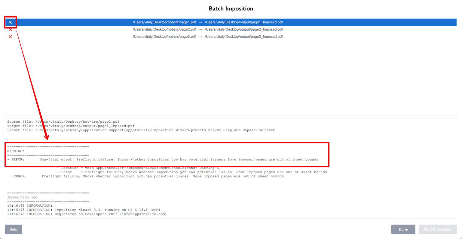 Batch imposition results with errors