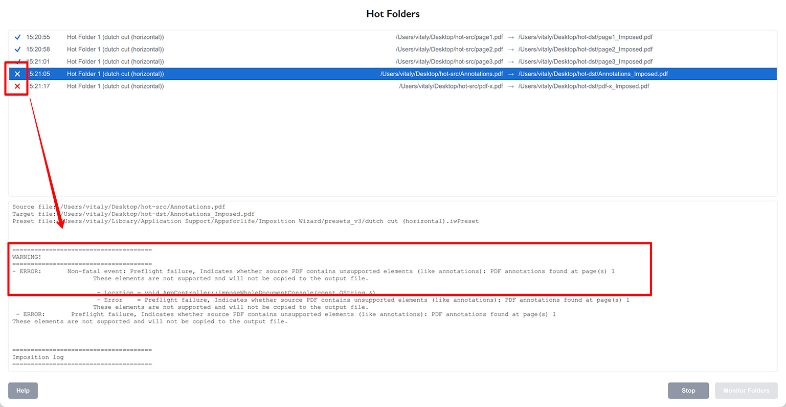 Imposition errors in hot folder mode