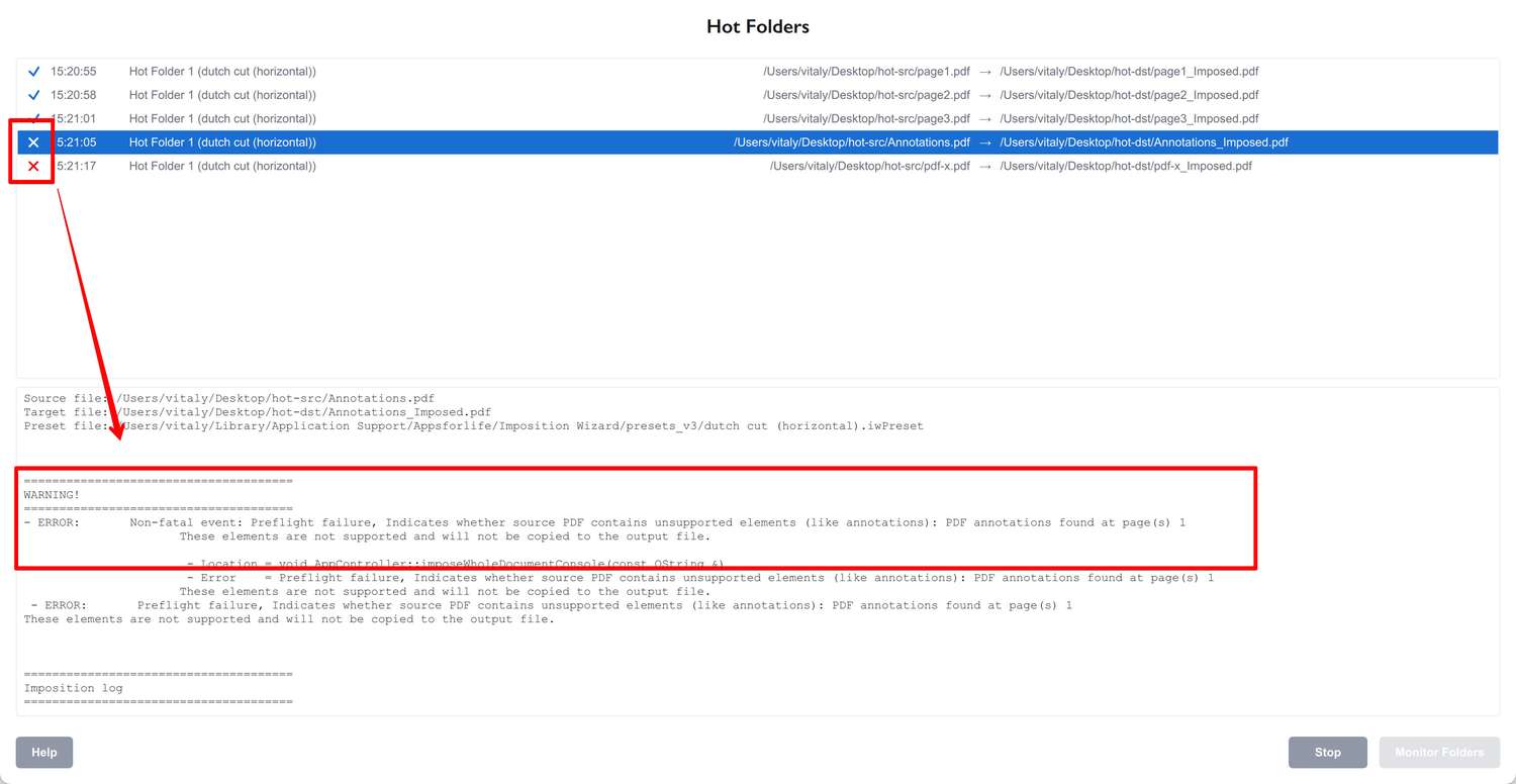Imposition errors in hot folder mode