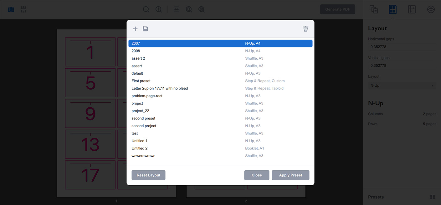 Presets list in Imposition Wizard