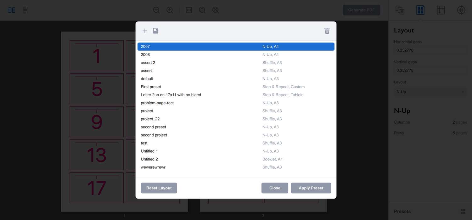 Presets list in Imposition Wizard