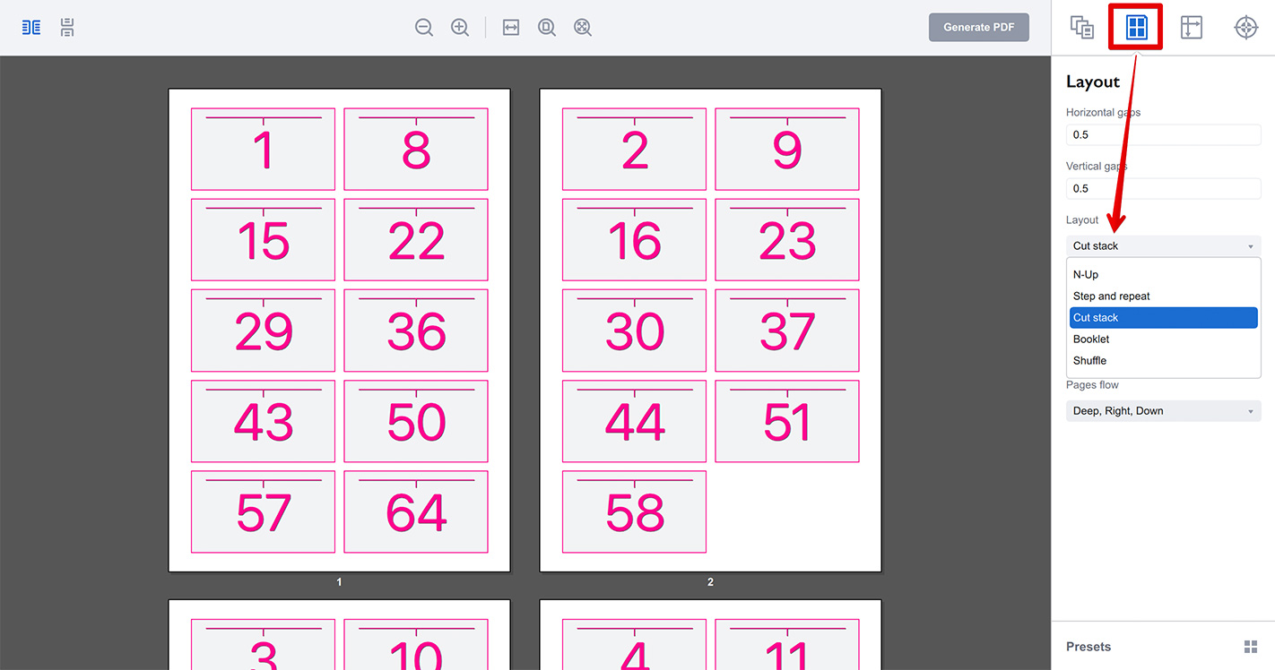 Cut stack layout in Imposition Wizard