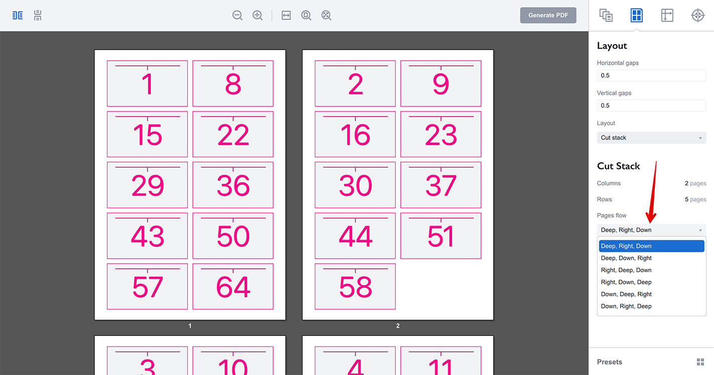 Pages flow parameter of the cut stack layout in Imposition Wizard