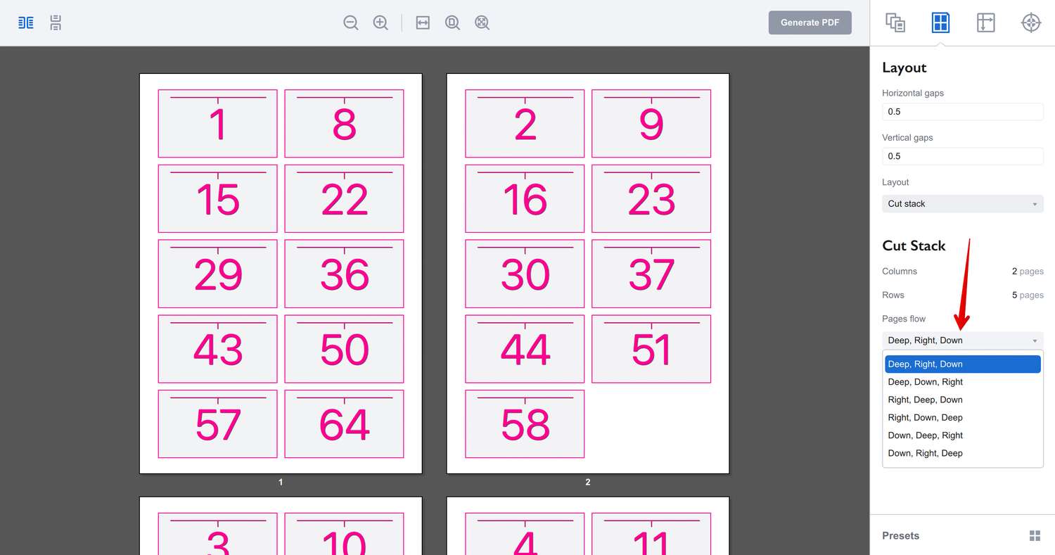 Pages flow parameter of the cut stack layout in Imposition Wizard