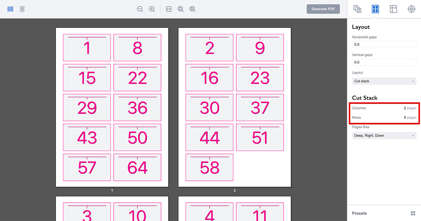 Editing page gaps for cut stack layout in Imposition Wizard