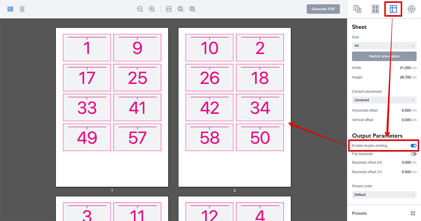 Duplex printing of cut stack layout in Imposition Wizard