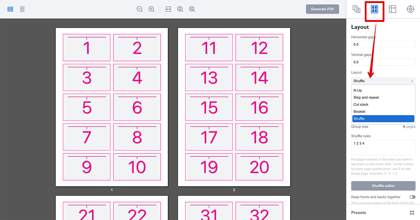 Selecting shuffle layout in Imposition Wizard