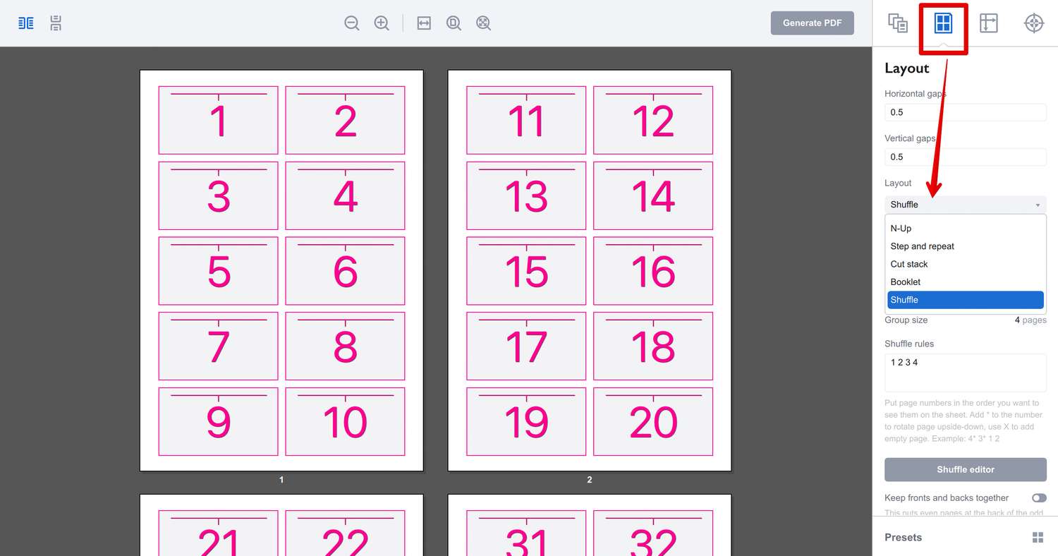 Selecting shuffle layout in Imposition Wizard