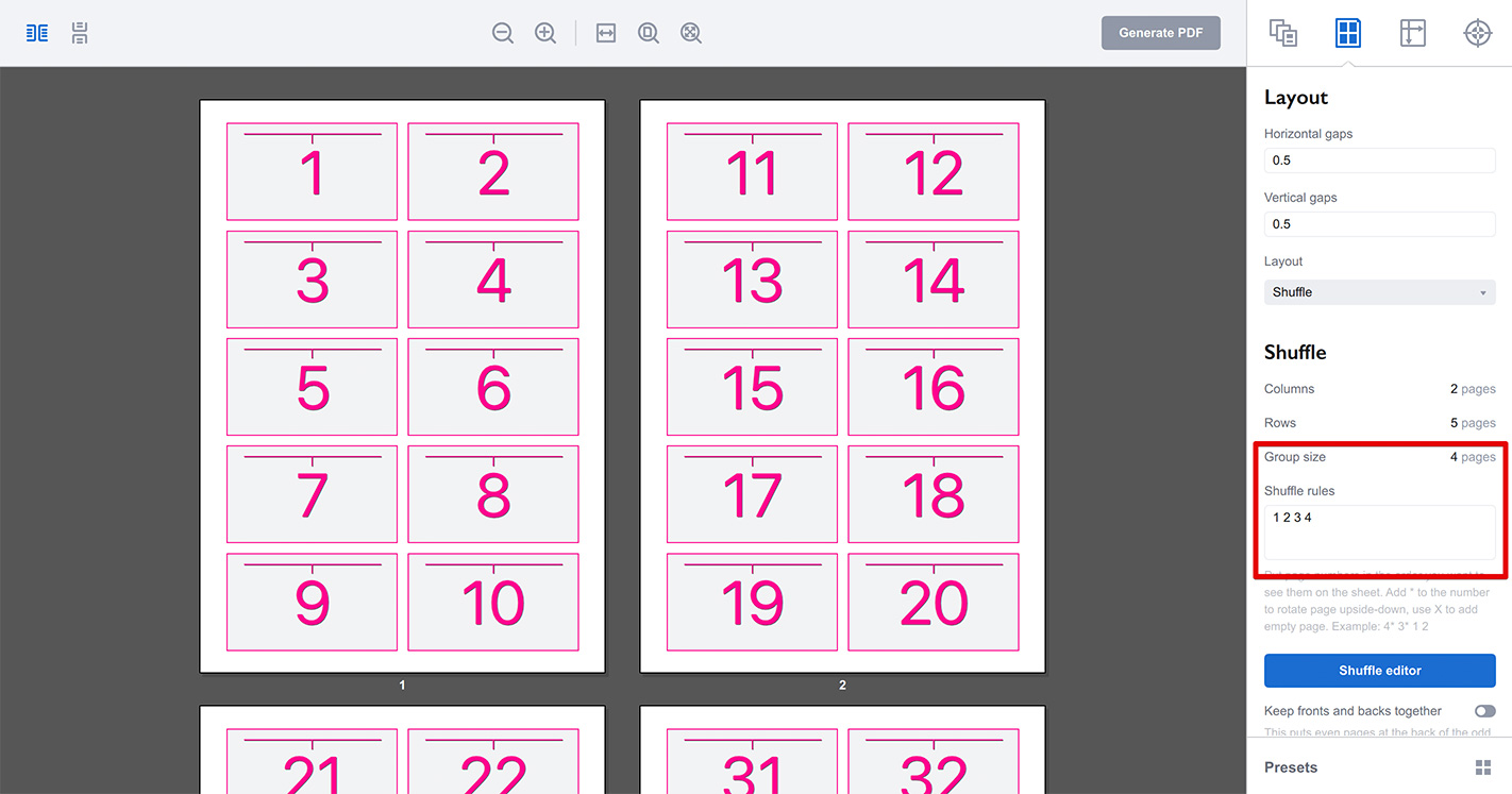 Extra parameters of the shuffle layout in Imposition Wizard