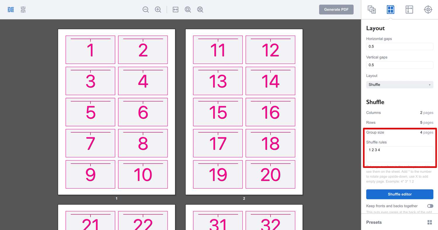 Extra parameters of the shuffle layout in Imposition Wizard