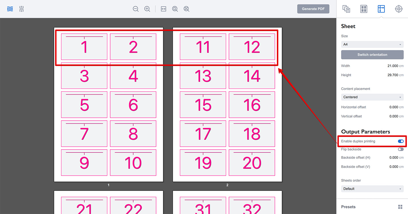 Duplex printing with shuffle layout in Imposition Wizard
