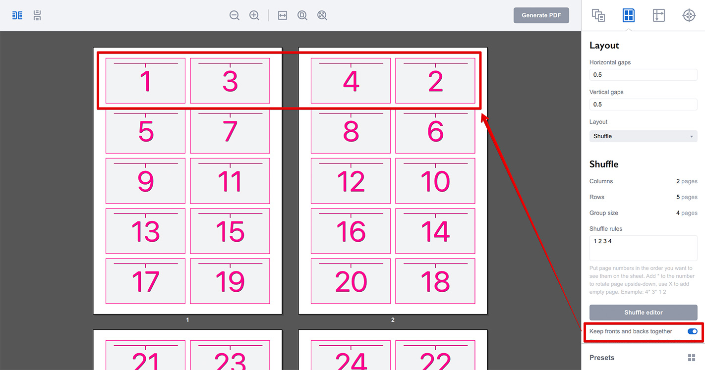 Match front and back pages in shuffle layout in Imposition Wizard