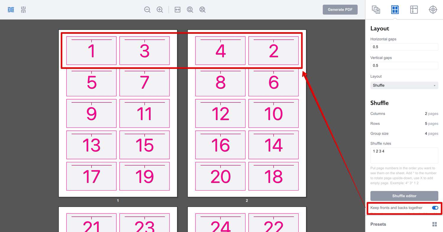 Match front and back pages in shuffle layout in Imposition Wizard