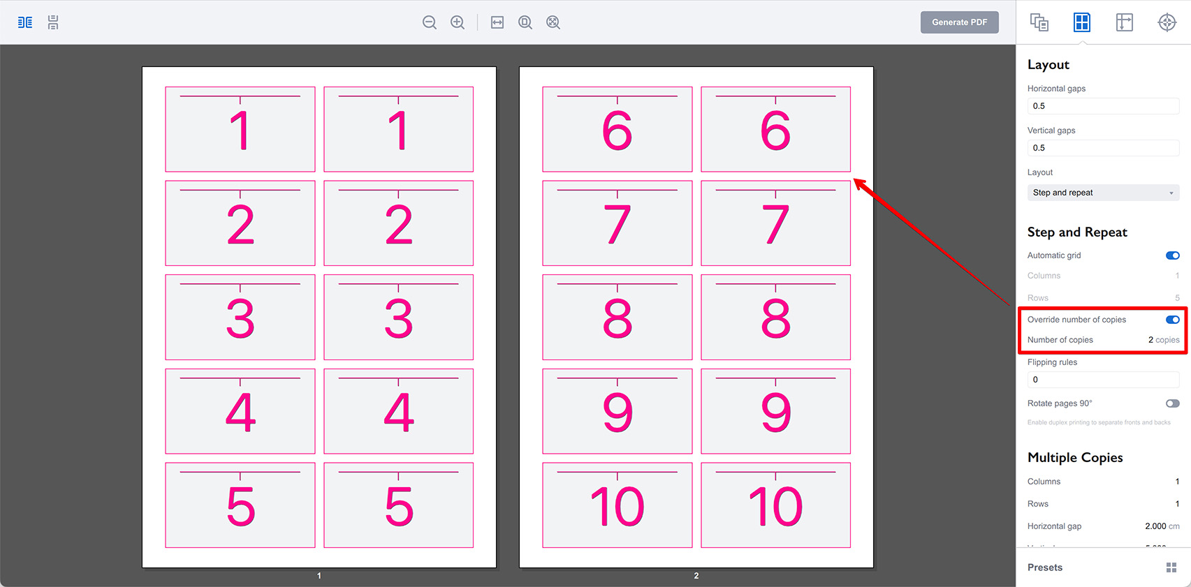 Setting the number of copies to 2