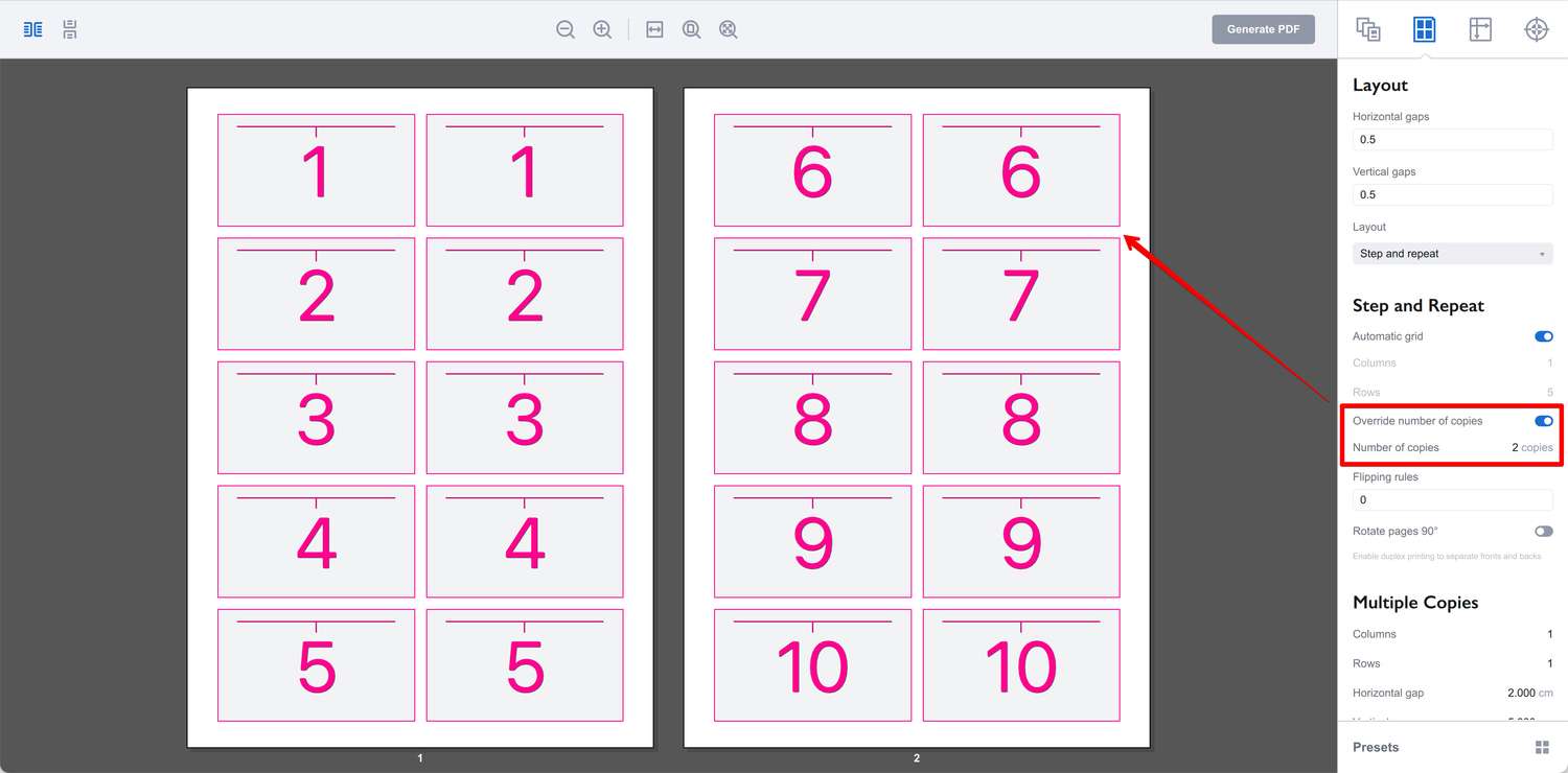 Setting the number of copies to 2