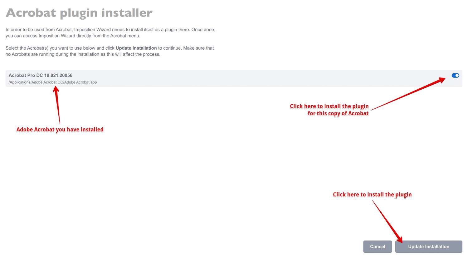 Selecting Acrobat copies to installing the Imposition Wizard plugin to