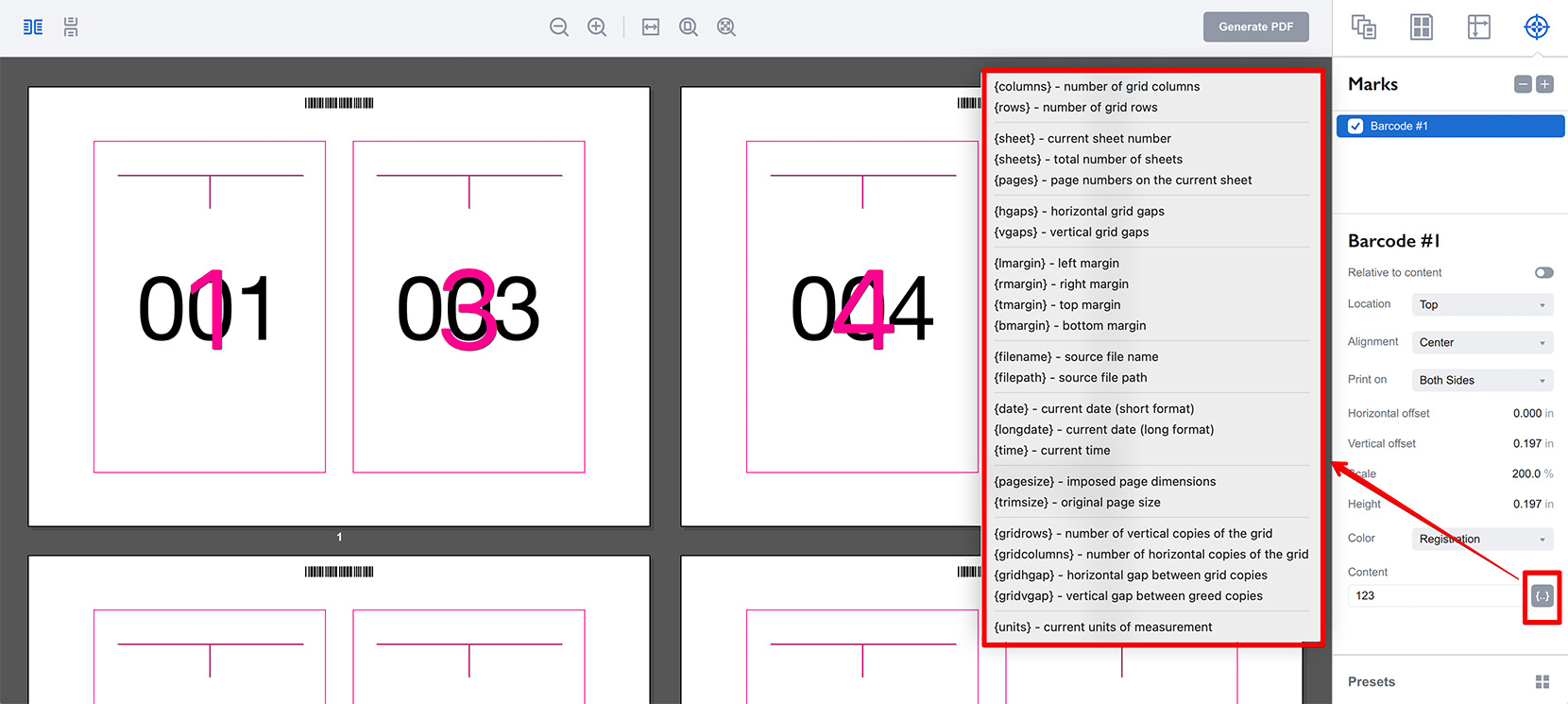 A popup menu with the list of supported variables