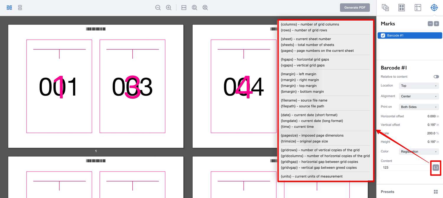 A popup menu with the list of supported variables