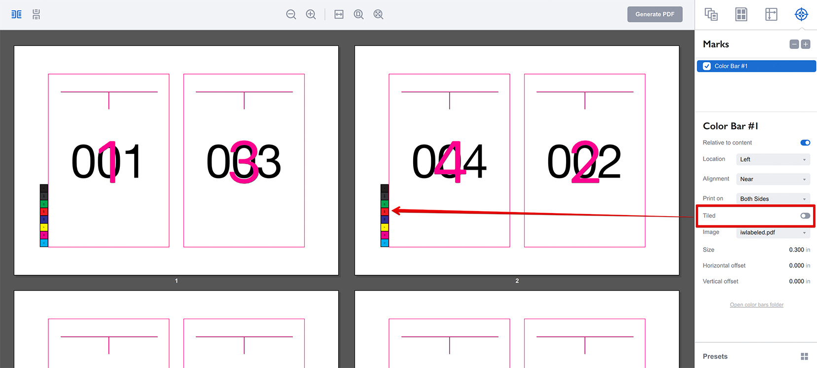 Color bar with tiling mode off