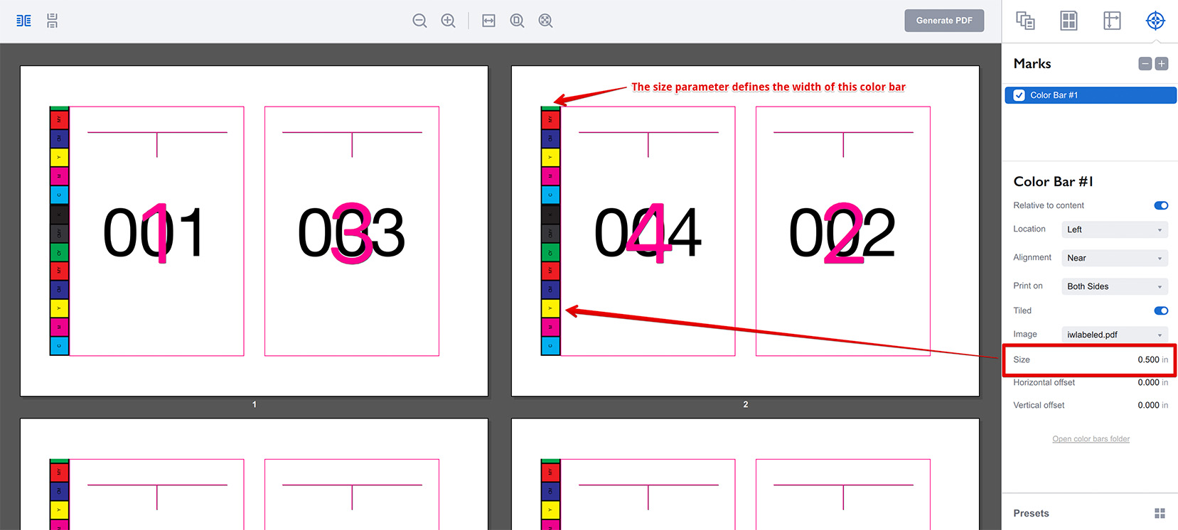 Configuring the width of vertical color bar with size parameter