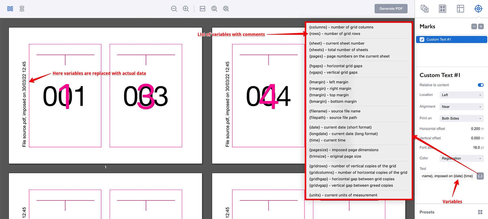 A popup menu with the list of supported variables for text block