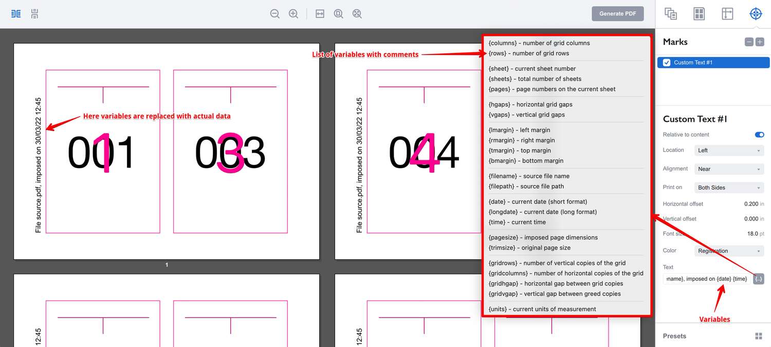 A popup menu with the list of supported variables for text block