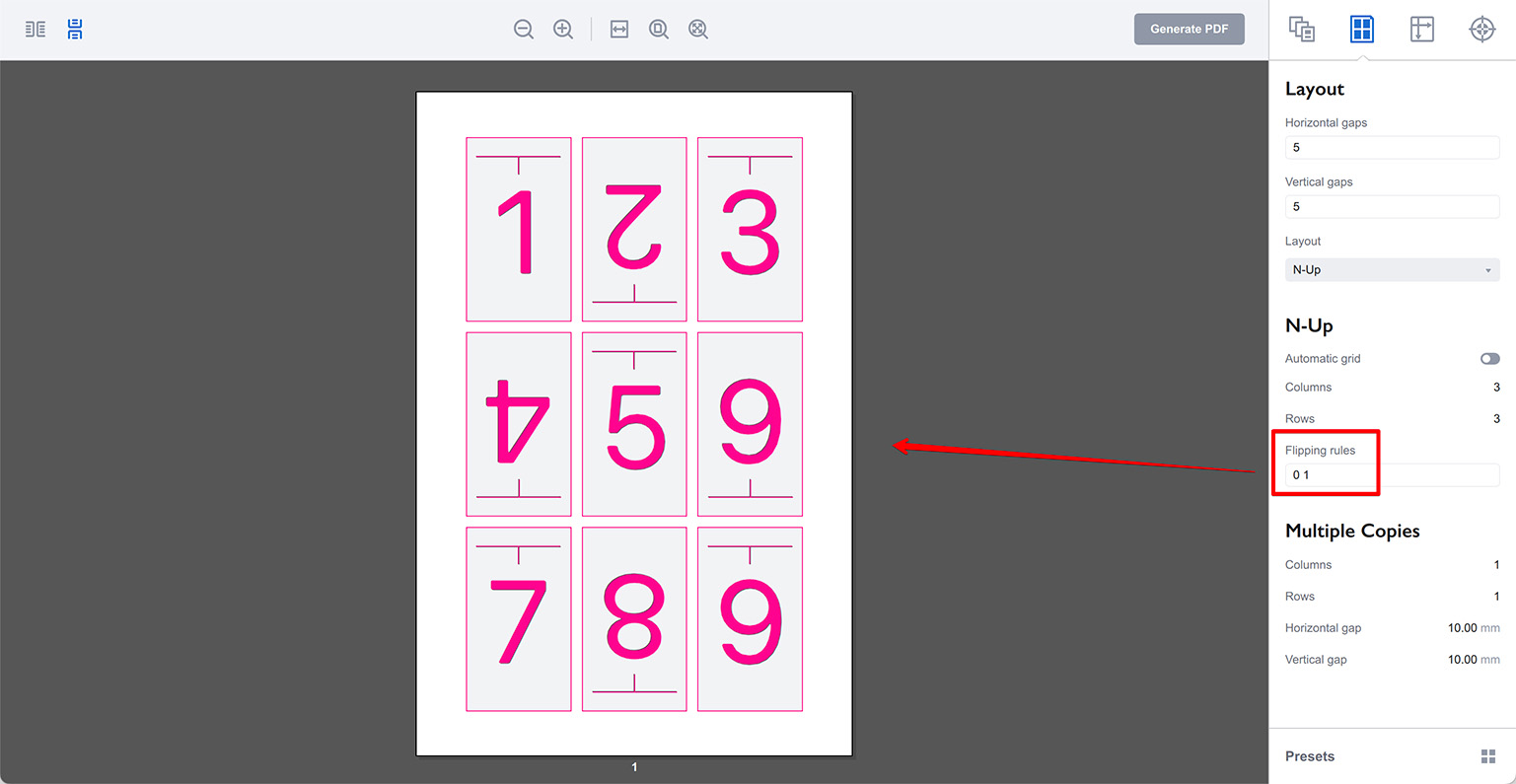 N-Up layout with every second page flipped with shorter rules line