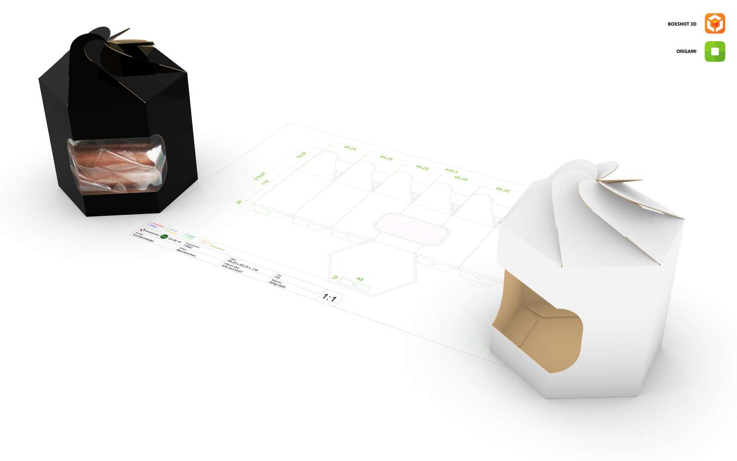 Complex box dieline folded in Origami
