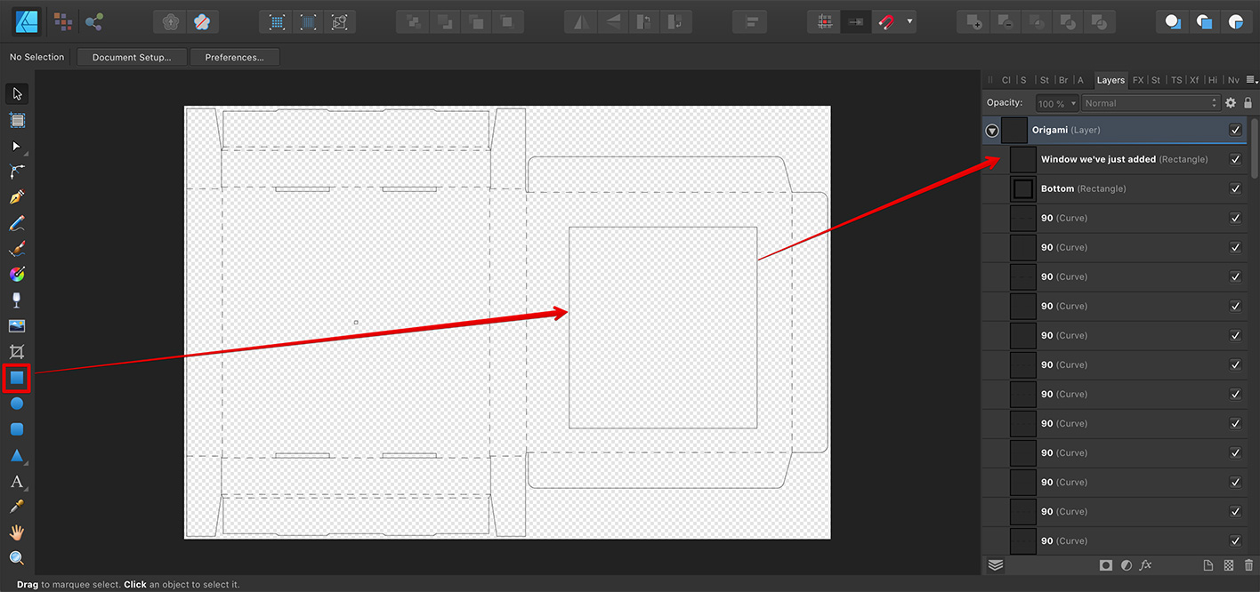 Adding a window to the box dieline in Affinity Designer
