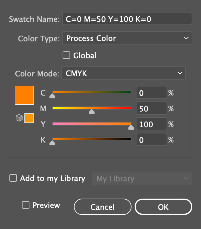 Swatch options window of simple orange color in Illustrator
