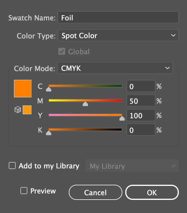 Swatch options window of spot gold color in Illustrator