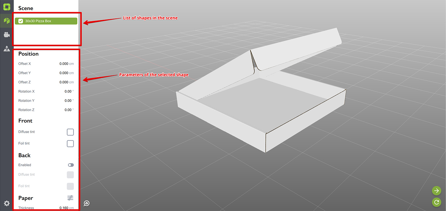 Scene panel in Origami has shapes list at the top and shape's parameters at the bottom