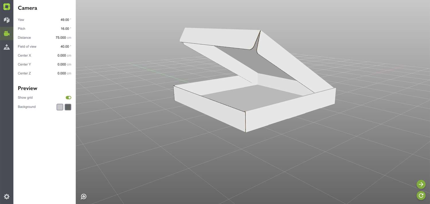 Camera panel in Origami lets you configure camera position and angles
