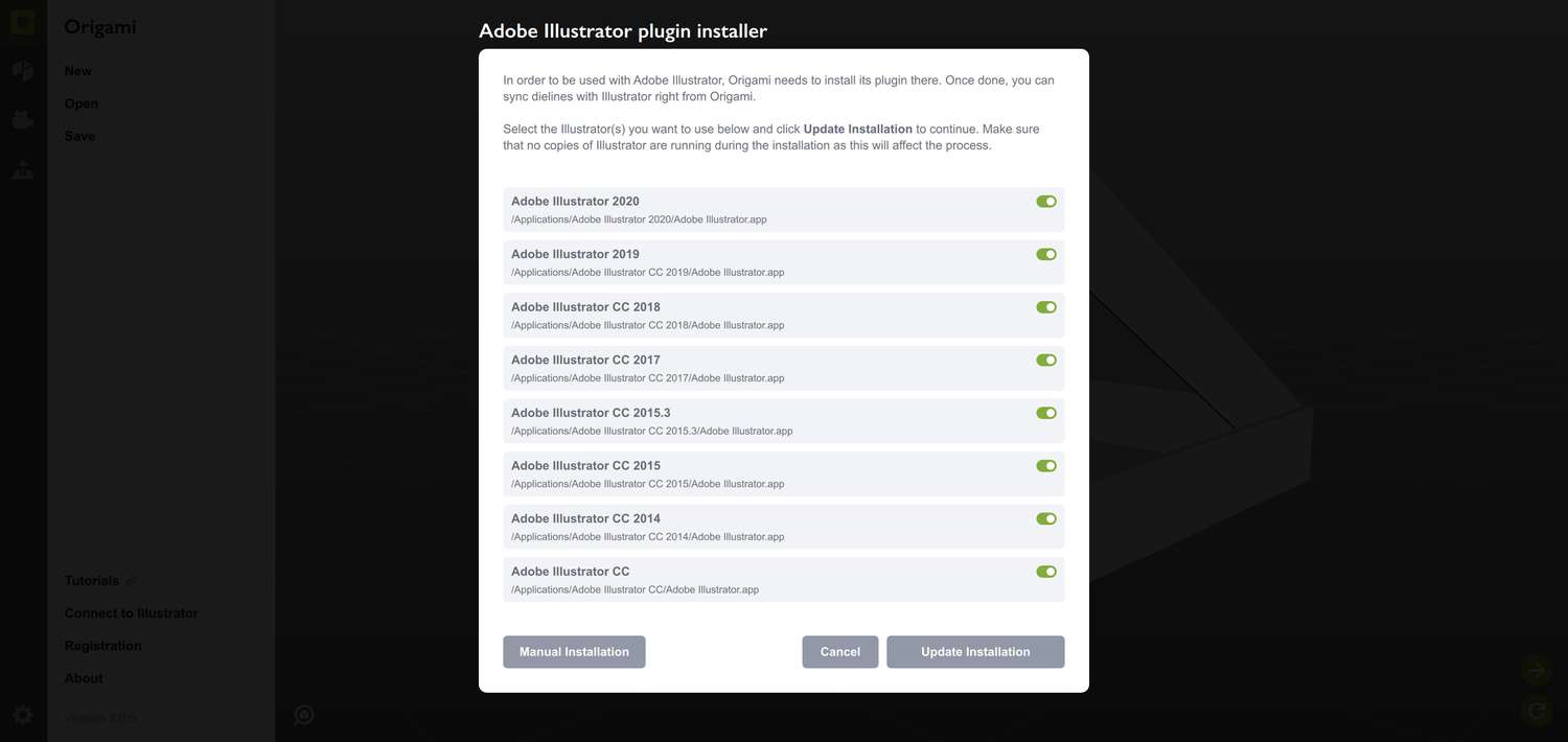 The list of Adobe Illustrators that Origami found in your system