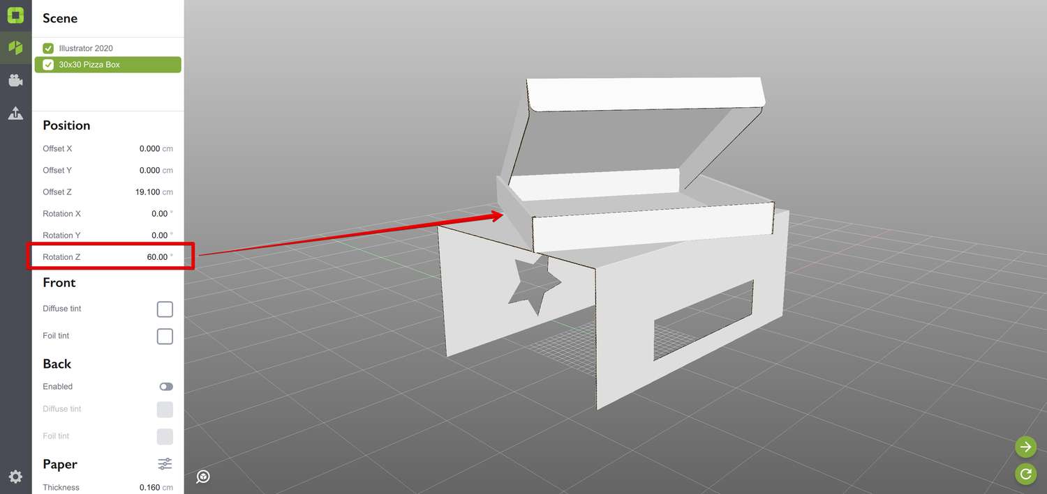 Rotating the pizza box on top of the stand in Origami