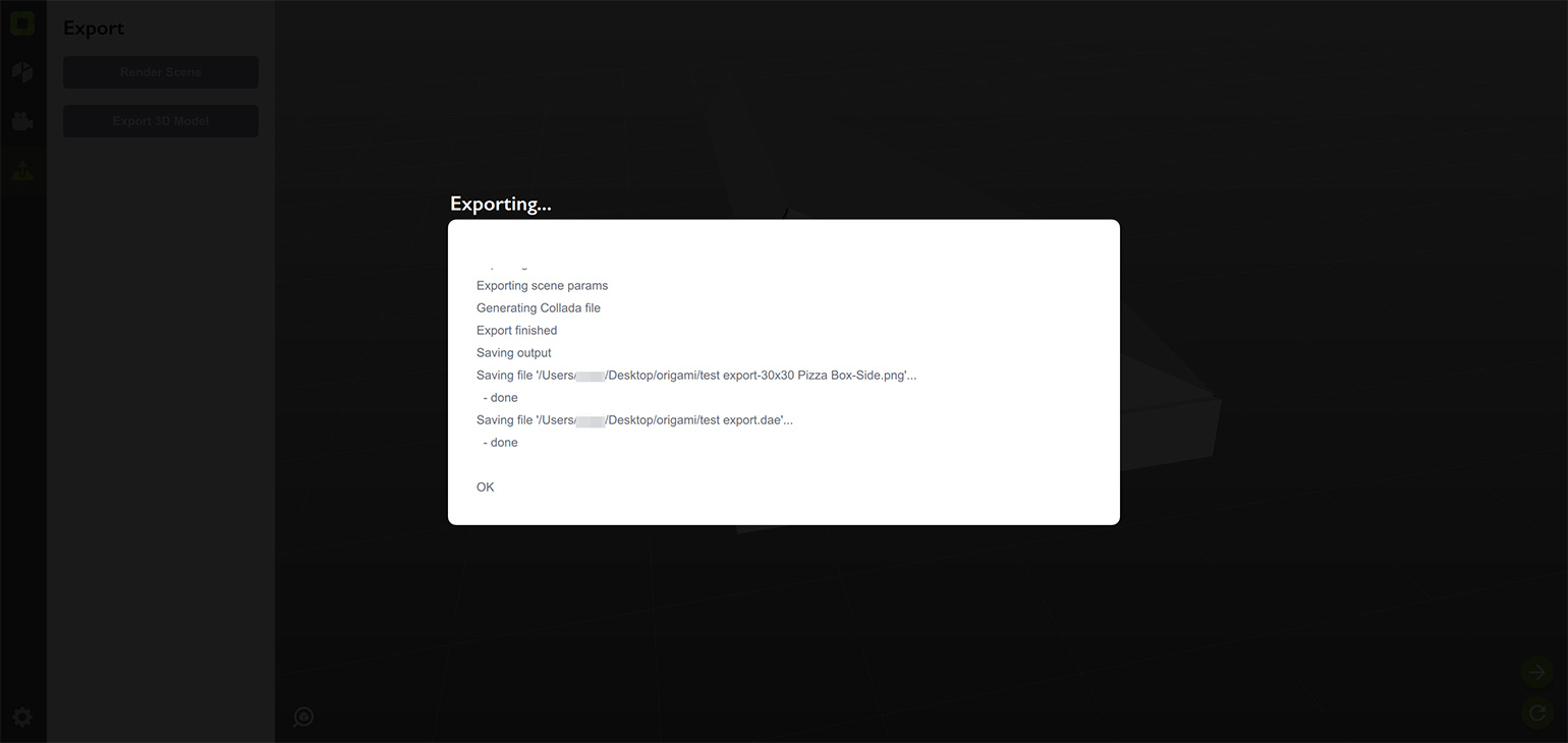 Exporting scene in progress in Origami